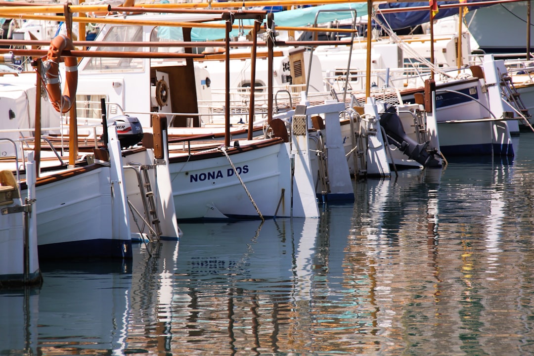 row of white sailboats, Sailing boats and their shadow reflecting in the water in a port in the sunset