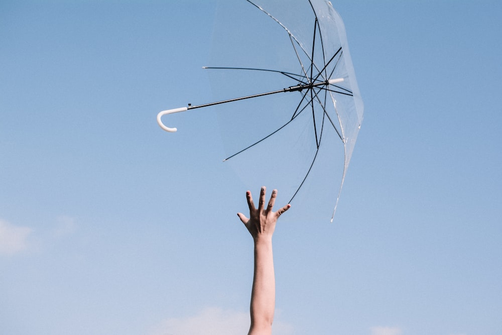 clear and black umbrella in mid air above hand