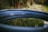 A small blue water tank of 250 liters placed in a garden setting.