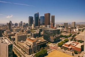 A panoramic view of a city skyline with various buildings.