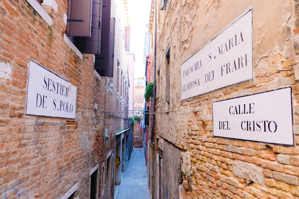 assorted white-and-black signs on alleyway during daytime