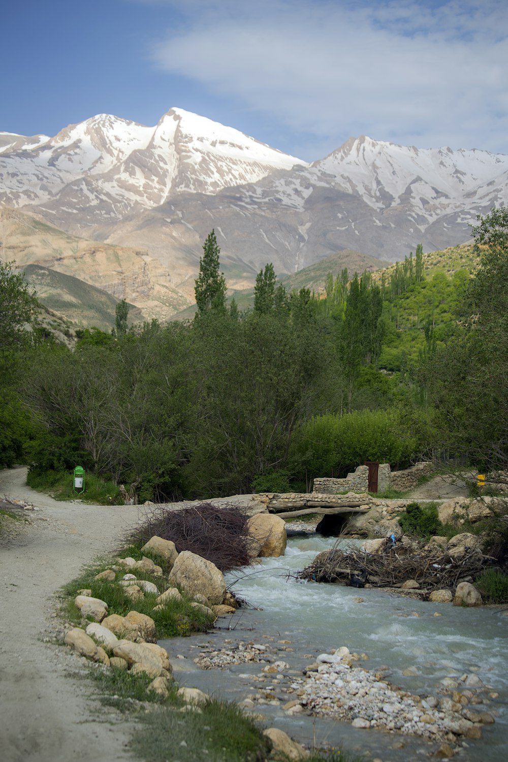 river near snow-capped mountain