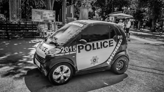 A small, black and white police-themed vehicle is parked on a street. The vehicle features police markings and text in multiple languages, including a badge and the year 2015. People can be seen in the background near a street vendor with an umbrella. Trees and benches line the area, indicating a park or public space.