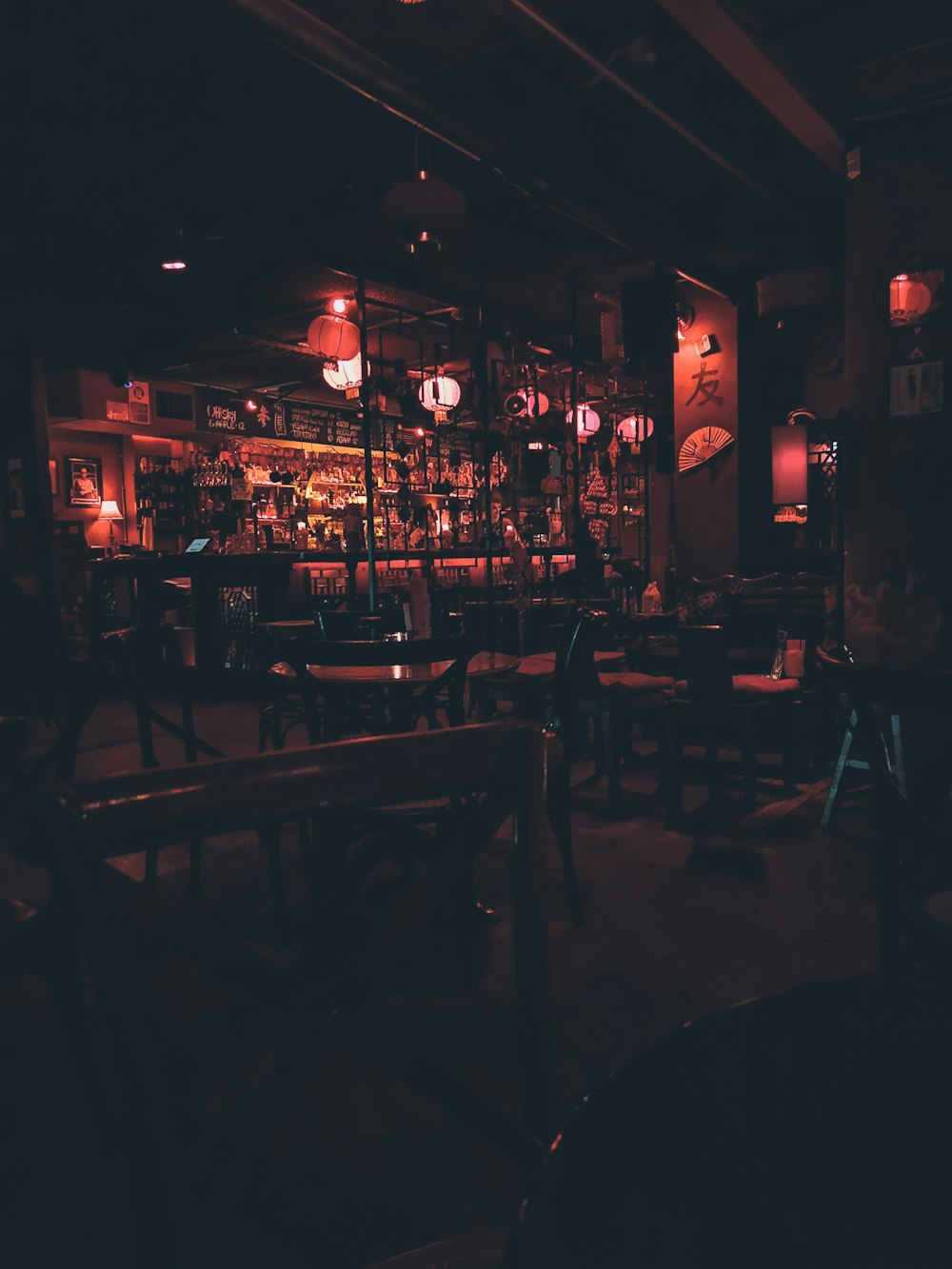 empty restaurant with red lights