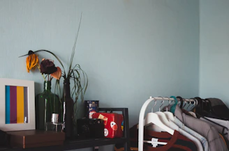 A peaceful corner with watercolor paintings drying on a minimalist shelf.