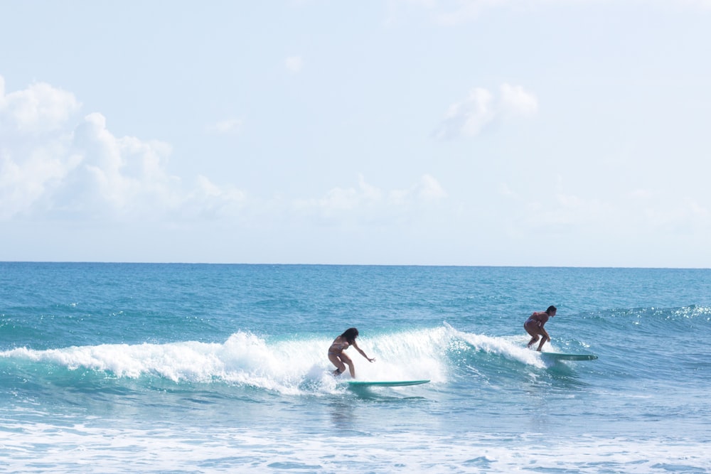 two persons surfing on sea