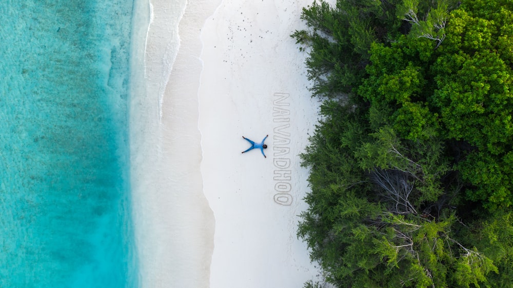 aerial photography of person lying down in the seashore of a white sand beach