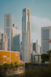 A skyline view showcasing modern buildings and community spaces.