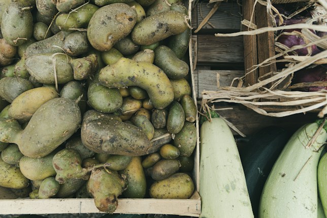 A wooden crate filled with rough, misshapen potatoes, surrounded by other wooden crates containing squash and eggplants. The potatoes have visible dirt patches, and dried straw is scattered around the edges, suggesting a rustic or farm setting.