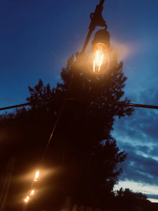 Weatherproof outdoor string lights draped across a backyard patio at dusk with glowing bulbs.
