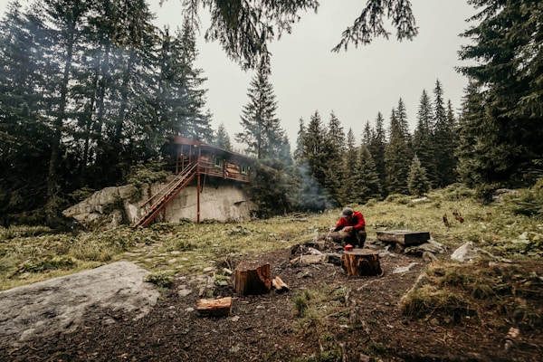 A cozy wooden cabin is nestled against a rocky outcrop in a dense forest, surrounded by tall evergreen trees. A person in a bright red jacket sits near a campfire, adding to the sense of rustic tranquility in the clearing.