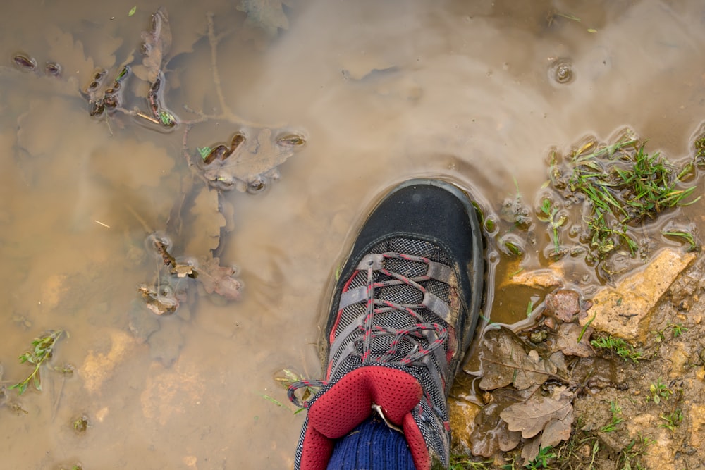 Persona che indossa una scarpa nera che cammina su un terreno bagnato