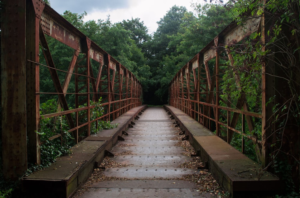 rusty brown metal bridge near trees