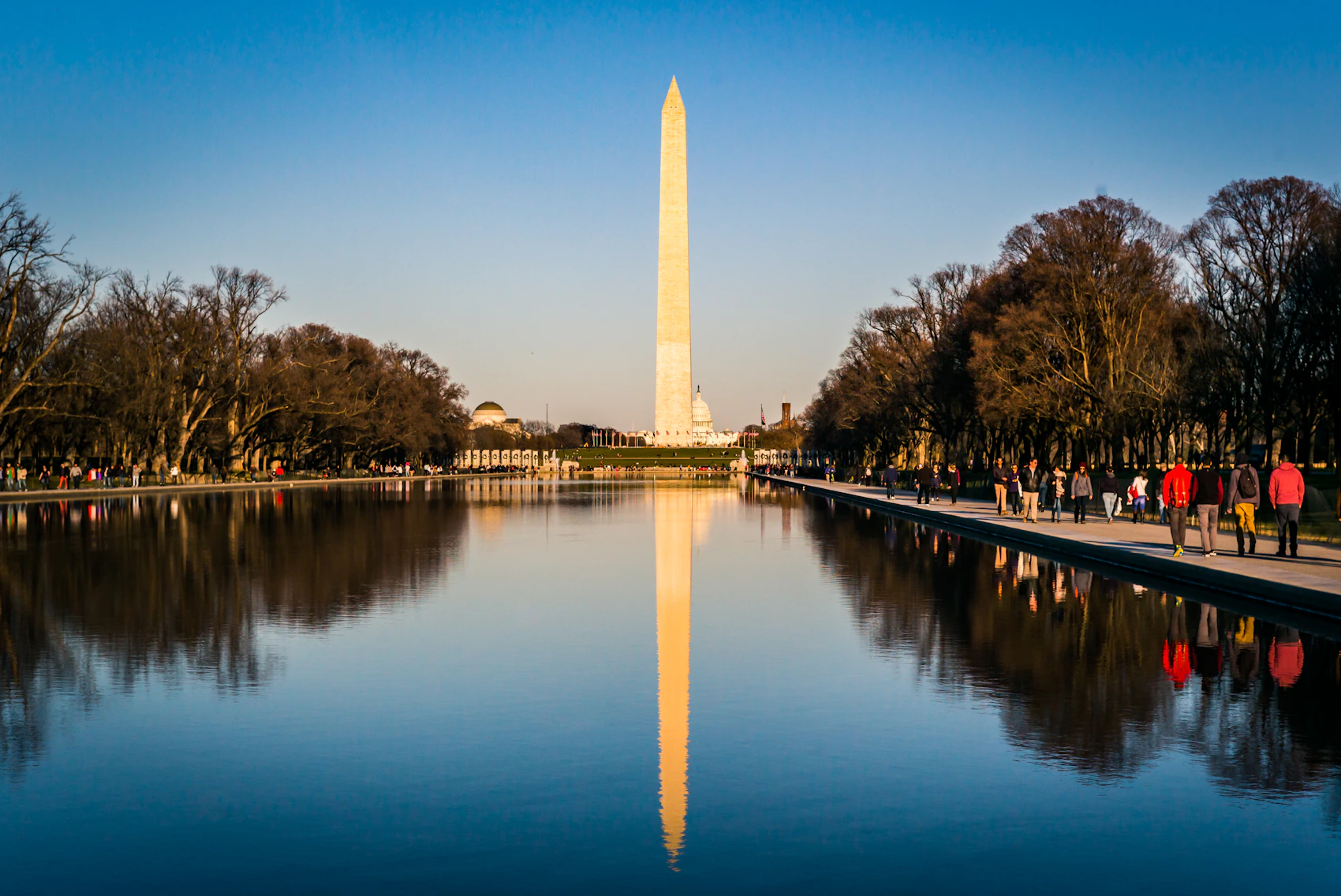 The Washington Monument rising above visitors on the National Mall