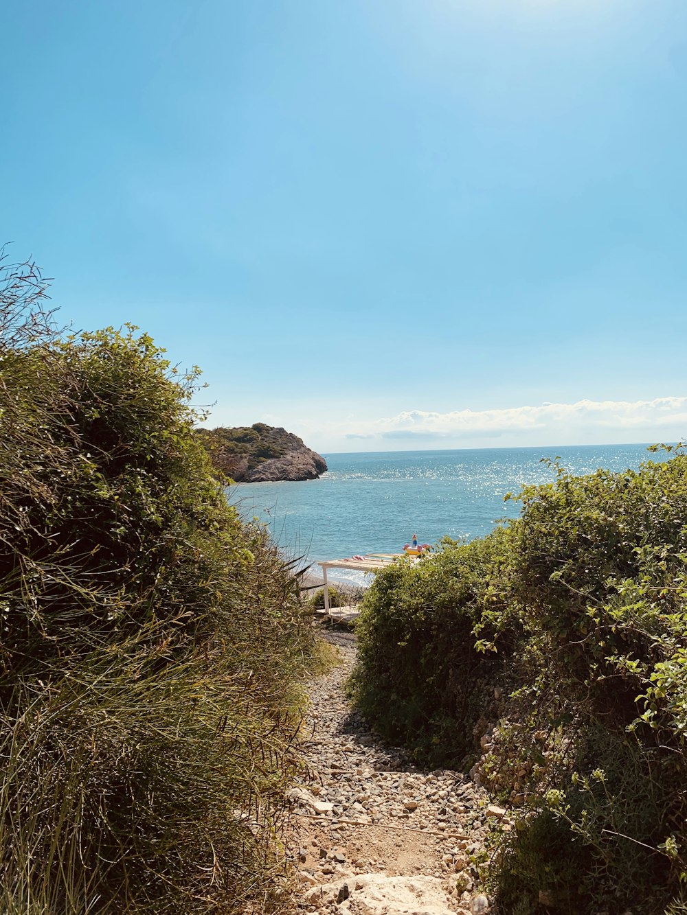 a path leading to a beach with a body of water in the background
