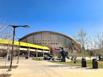 A large, modern sports arena with a distinct rounded roof and facade, set against a clear blue sky. In front of the arena are several modern sculptures and trees lining a paved walkway. A few people are scattered around the area, some near the statues.