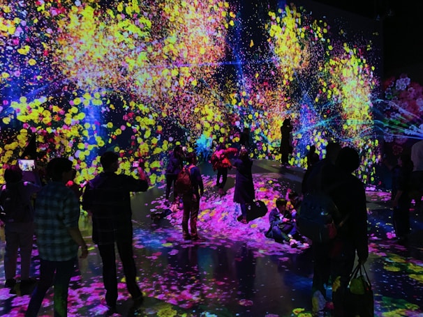 An immersive art installation with interactive digital elements showcasing cultural storytelling.