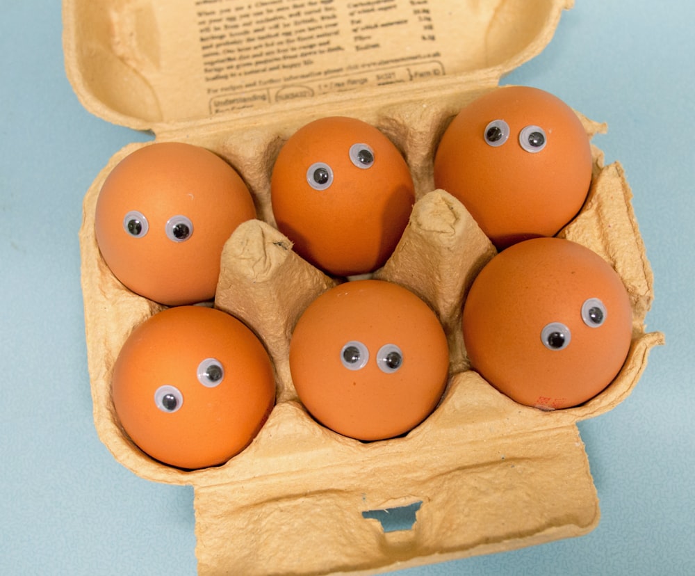 段ボール箱にぎょろっとした目をした十数個の卵