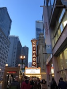 A bustling city street scene with the iconic Chicago Theatre marquee brightly lit. People walk along the sidewalk as skyscrapers tower overhead. The sky is clear and blue, and a Walgreens storefront is visible to the right.