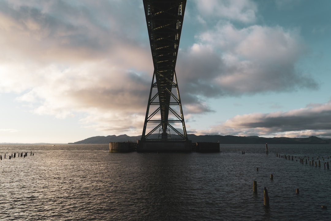 low-angle photography of an iron bridge over the sea