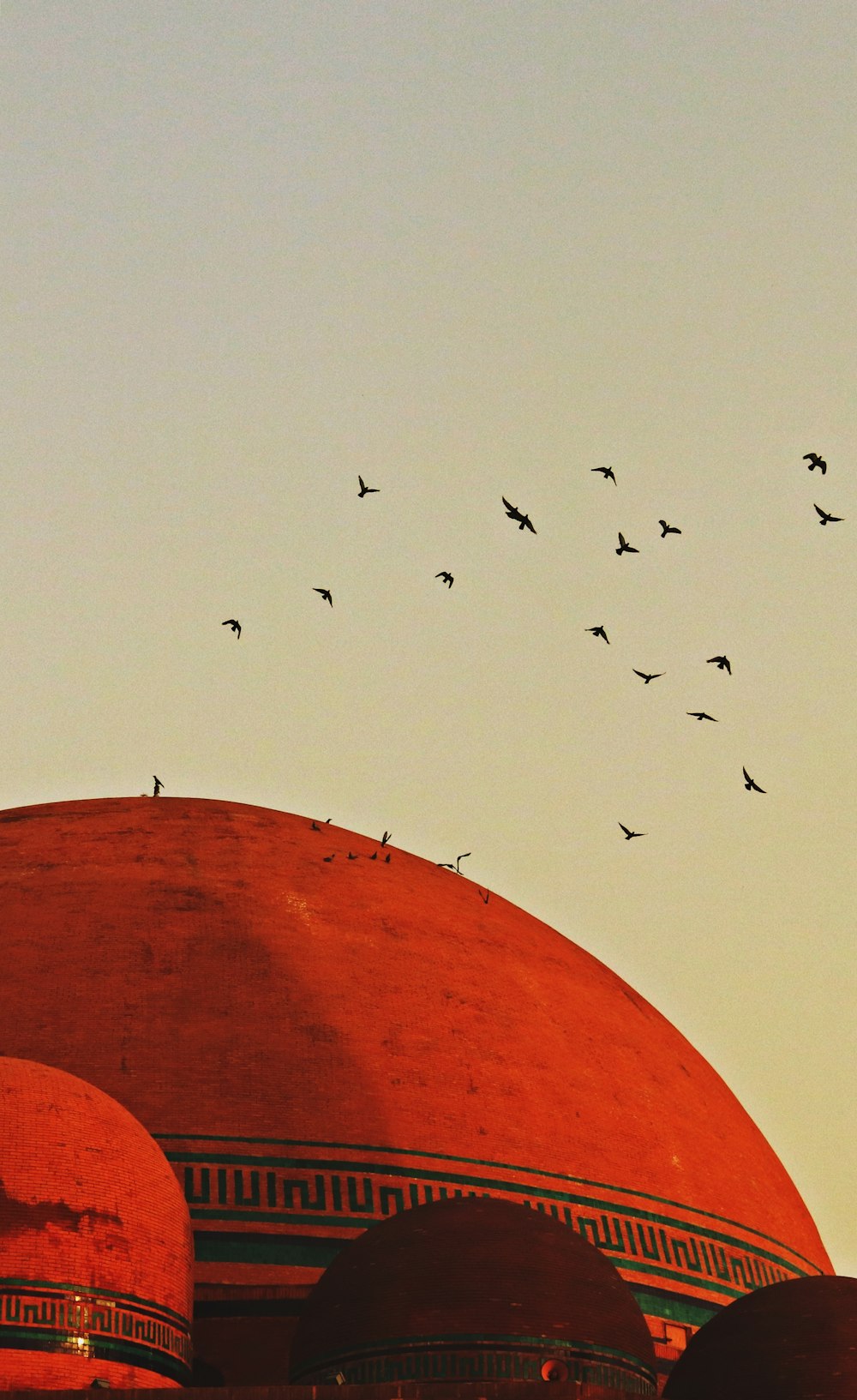 beige mosque and flock of birds