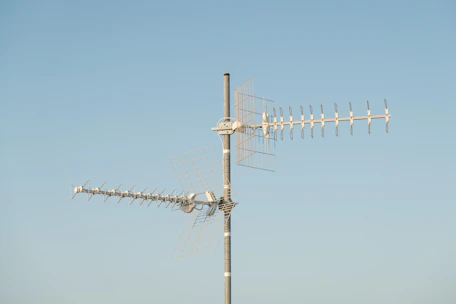Close-up of a high-quality TV antenna mounted on a rooftop against a clear sky