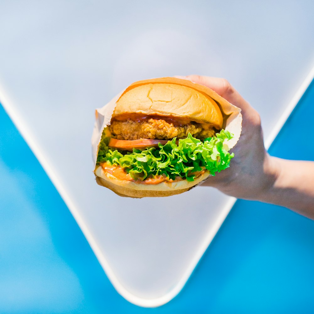 Foto mit flachem Fokus einer Person, die einen Hamburger in der Hand hält