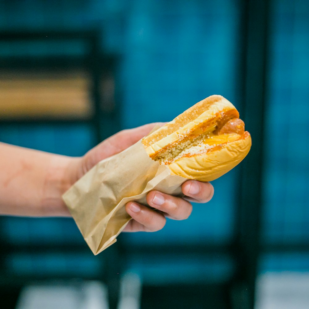 Persona sosteniendo un sándwich de perrito caliente con queso