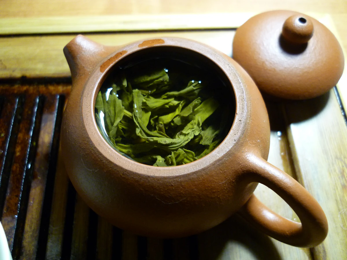 Green tea leaves steeping in clear liquid inside a glass teapot