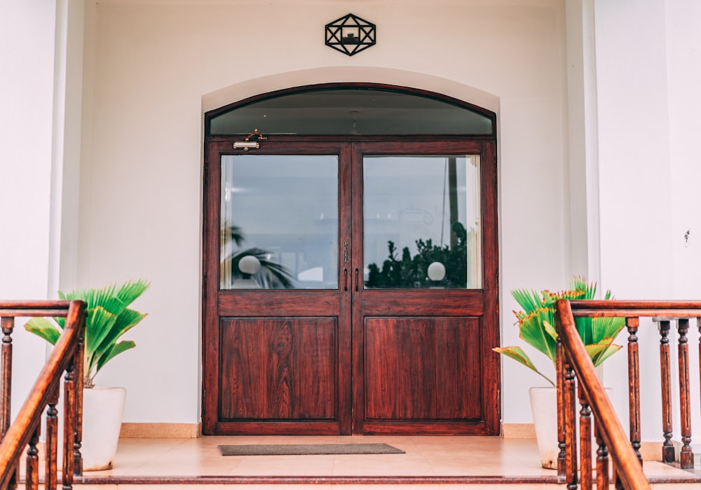 Brown Glass Panel Wooden Double Door Photo Photo Free Door