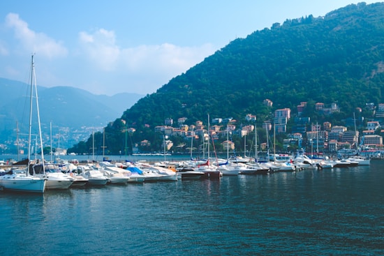 A serene marina with neatly lined sailboats docked on calm waters. The background features lush green hills and a small coastal town nestled against the slopes. The sky is partly cloudy, lending a peaceful and idyllic atmosphere to the scene.