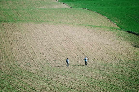 A friendly agricultural consultant speaking with a farmer in a grain field.