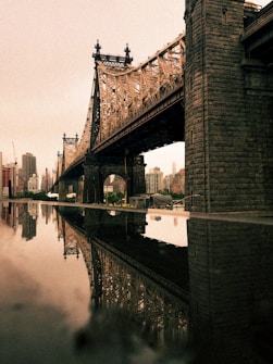A large, intricately designed bridge arches over a reflective body of water, creating a symmetrical image with its reflection. The structure is composed of metal and stone elements, showcasing detailed engineering work. In the background, there is a cityscape with various tall buildings under a cloudy sky, giving an urban feel.