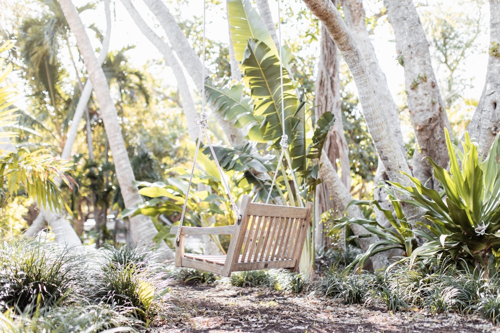 a wooden bench sitting in the middle of a forest