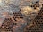 A close-up view of a honeycomb structure filled with dark amber honey. The hexagonal cells are neatly arranged, with some areas appearing slightly weathered or irregular. The honey has a glossy appearance, and a few cells have honey spilling out.