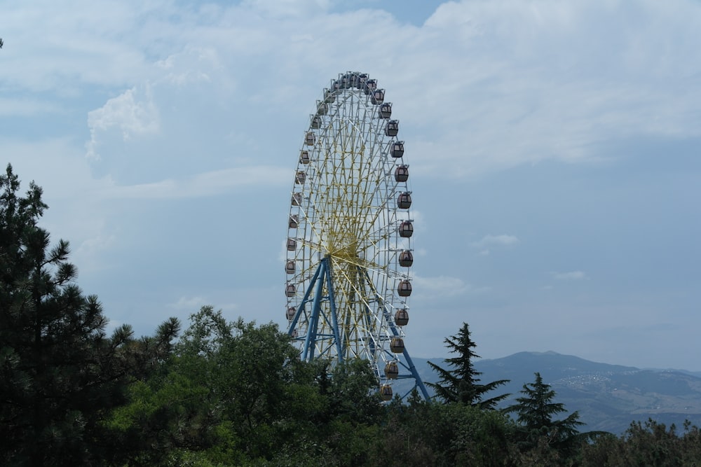 gray and blue ferris wheel near trees at daytime