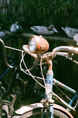 A vintage bicycle with a rusty headlamp and worn-out handlebar grips is parked in front of a wooden fence. Several ceramic duck statues are arranged on the fence in the background. The bike's frame is blue, and the sunlight highlights the rust and wear on its surface.