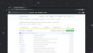 A web browser displaying the GitHub page for the Facebook React project. The page includes sections like pull requests, issues, and branches. There are clickable tabs for code, issues, pull requests, projects, and more. The interface shows recent commits, and file listings, and offers options such as creating new files and cloning the repository.