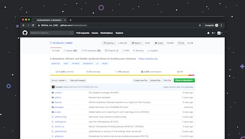 A web browser displaying the GitHub page for the Facebook React project. The page includes sections like pull requests, issues, and branches. There are clickable tabs for code, issues, pull requests, projects, and more. The interface shows recent commits, and file listings, and offers options such as creating new files and cloning the repository.