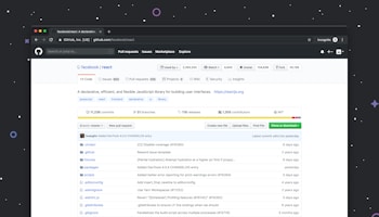 A web browser displaying the GitHub page for the Facebook React project. The page includes sections like pull requests, issues, and branches. There are clickable tabs for code, issues, pull requests, projects, and more. The interface shows recent commits, and file listings, and offers options such as creating new files and cloning the repository.