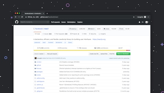 A web browser displaying the GitHub page for the Facebook React project. The page includes sections like pull requests, issues, and branches. There are clickable tabs for code, issues, pull requests, projects, and more. The interface shows recent commits, and file listings, and offers options such as creating new files and cloning the repository.