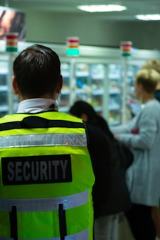 A person wearing a high-visibility security vest stands in a retail environment. The background is slightly blurred, showing other people and shelves stocked with products.
