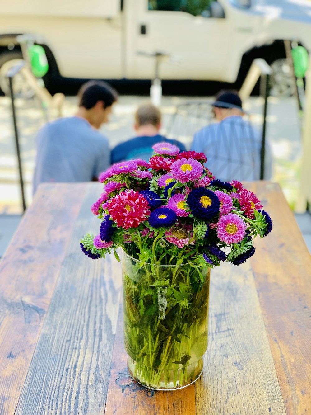 pink and blue petaled flowers in vase