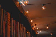 Mini decorative lights draped over a cozy reading nook, creating a warm ambiance.