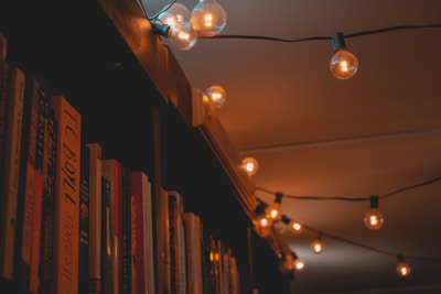 Delicate fairy lights entwined around a bookshelf filled with well-loved books.