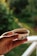 A hand holds a small porcelain cup of tea with intricate blue designs against a backdrop of lush green foliage. Sunlight creates a warm atmosphere, highlighting the delicate craftsmanship of the cup.