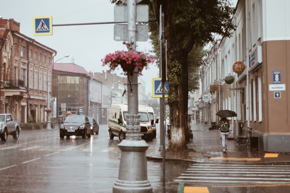 a city street filled with lots of traffic on a rainy day