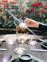 A hand holds a glass teapot with herbal tea inside, placed on a glass burner stand. The teapot is surrounded by three empty glass cups on saucers on a wooden table. In the background, there are red flowers and green foliage, creating a serene outdoor setting.