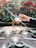 A hand holds a glass teapot with herbal tea inside, placed on a glass burner stand. The teapot is surrounded by three empty glass cups on saucers on a wooden table. In the background, there are red flowers and green foliage, creating a serene outdoor setting.