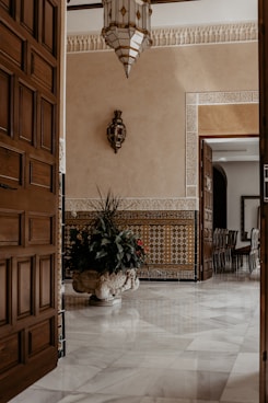 a large room with a potted plant on the floor